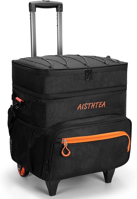 Rolling Cooler with Wheels 50+ Can and 98CM Handle, Double Deck & Enhanced Stability Wheeled Cooler,Leakproof Soft Sided Ice Cooler,Insulated Travel CoolerBag for Camping,Grocery,Beach,Outdoor