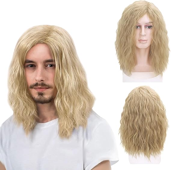 TSHAOUN Mens Blonde Wig Mid Length Curly Hair, Mens Wig for Adult, 16’’/40 cm Pop Rocking Dude Wigs for Men, Handsome Cosplay Wigs for 70s 80s Fancy Dress Daily Costume Party Halloween(Blonde)