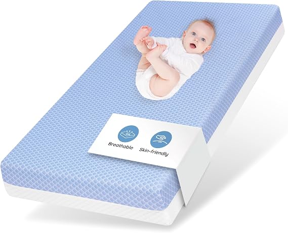Crib Mattress Dual Sided Memory Foam Baby Toddler Bed Mattress, 52" x 27.6" x 5.5" Soft Breathable Mattresses with Removable Machine Washable Cover, Fits Standard Cribs&Toddler Beds, White&Blue