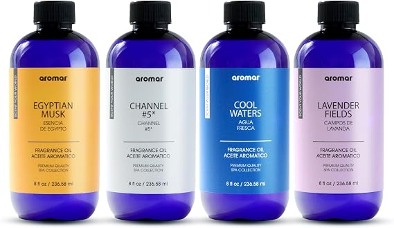AROMAR Premium Fragrance Oil, Long-Lasting, Refreshing Uplifting Aroma for Aromatherapy, Relaxation & Household Uses. Assorted Scents 8oz (Egyptian Musk, Channel #5, Cool Waters, Lavender Fields)