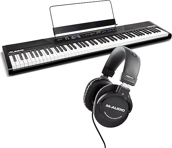 Alesis Recital 88 Key Digital Piano Keyboard with Semi Weighted Keys, 5 Voices, Piano Lessons, and M-Audio HDH40 Piano Headphones for Silent Practice