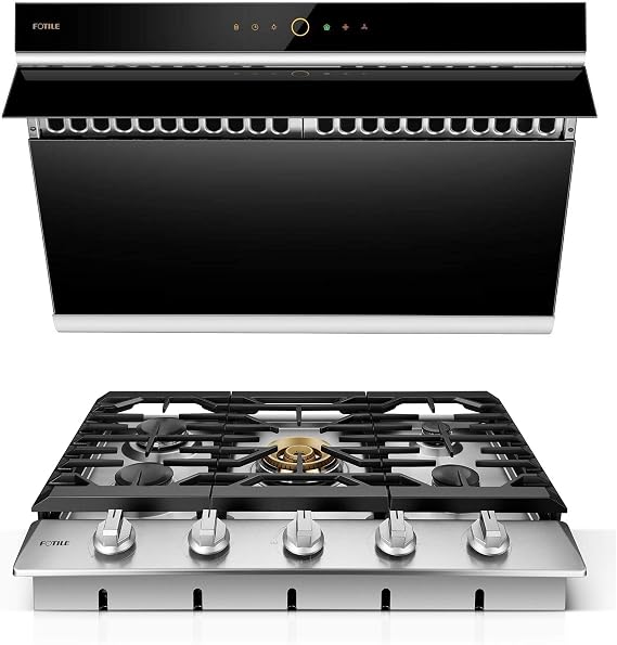 FOTILE JQG7505 30 Under-Cabinet or Wall-Mount Range Hood | Dual DC-Motor | Side Draft Design | Hands Free On and Off | Touchscreen with 4 Speed Level | Modern Kitchen Onyx Black Glass Cooktop Bundle
