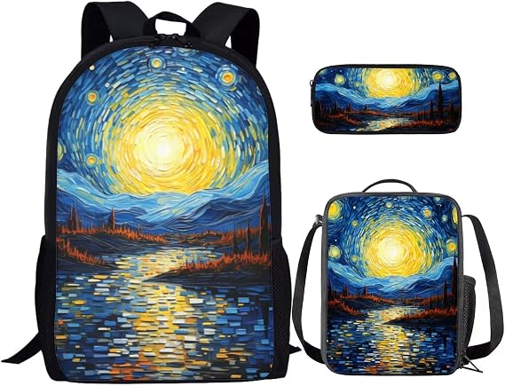 Starry Night 3 Piece School Backpack Set with Lunch Box Pencil Case Backpack for School Girls School Backpack Lightweight Casual Daypacks Gift for Girls Boys
