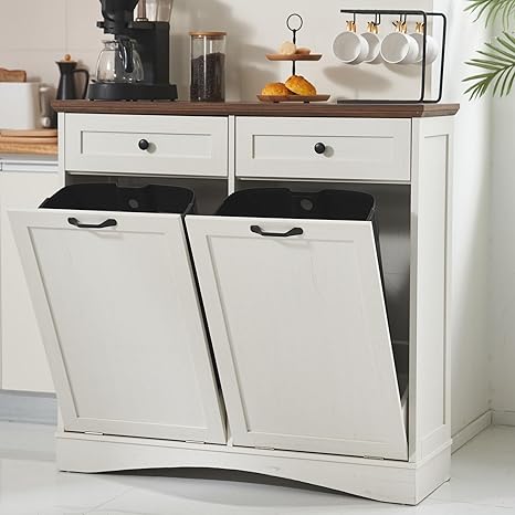 AHB Double Tilt Out 2x13 Gallons Trash Can Cabinet, Antique White