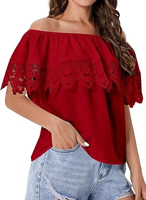 WDIRARA Womens Off The Shoulder Ruffle Trim Short Sleeve Lace Blouse Casual Tops