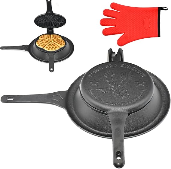 Cast Iron Waffle Maker Stove Top, American Waffle Maker Pre-Seasoned, Round waffle maker, PFOA free, 5-in-1 Shape Designs, Non-Coated Surface, Waffle iron for Camping Grill or Stove Top.