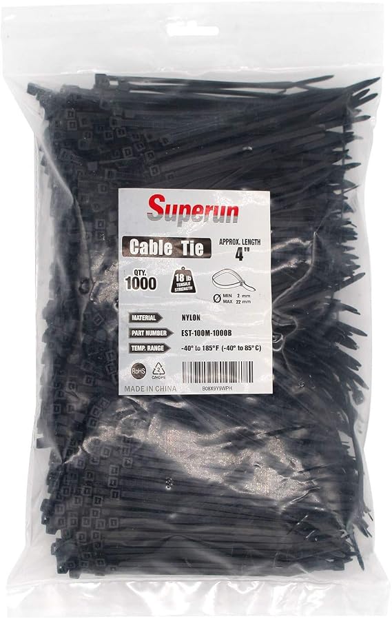 Superun Black Zip Ties 4 Inch 18 Lbs UV resistant Cable Ties 1000 Pack