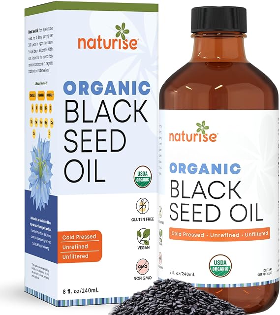 Naturise - Organic Black Seed Oil (Nigella Sativa, Cumin Seed) Cold Pressed Non-GMO, 8 oz Glass Bottle Source of Essential Fatty Acids, Omega 3 6 9'