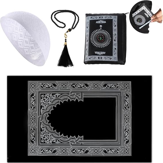 Kufi Hats for Men with Portable Travel Prayer Mat Islam and Tasbih Prayer Beads Set,Islamic Gift,Muslim Gifts,Eid Mubarak Gifts,Ramadan Gifts,Muslim Prayer Rug,Muslim Cap,Muslim Prayer Beads Set