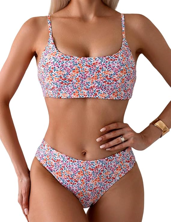 YIMISAN Women's Two Piece Swimsuit Floral Print Bikini Sets Spaghetti Straps Scoop Neck Mid Waist Cheeky Bathing Suit