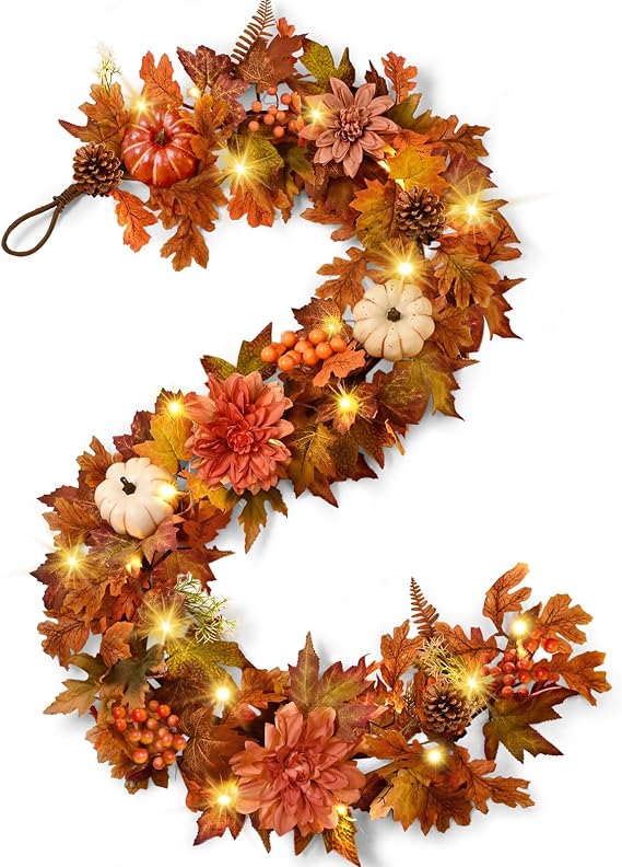 Fall Decorations for Home, Fall Garland for Mantle, 6 FT Fall Garland with Lights, Fall Leaves Pumpkin Garlands for Table Centerpiece Door Window Fireplace Home Indoor Outdoor Fall Thanksgiving Decor