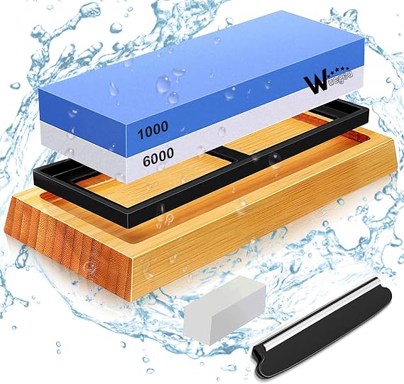 Knife Sharpening Stone Kit - 1000/6000 Grit Japanese Whetstone Sharpener Set with Non-Slip Rubber Base Angle Guide Flattening Stone for Kitchen Knives Chisel Scissors