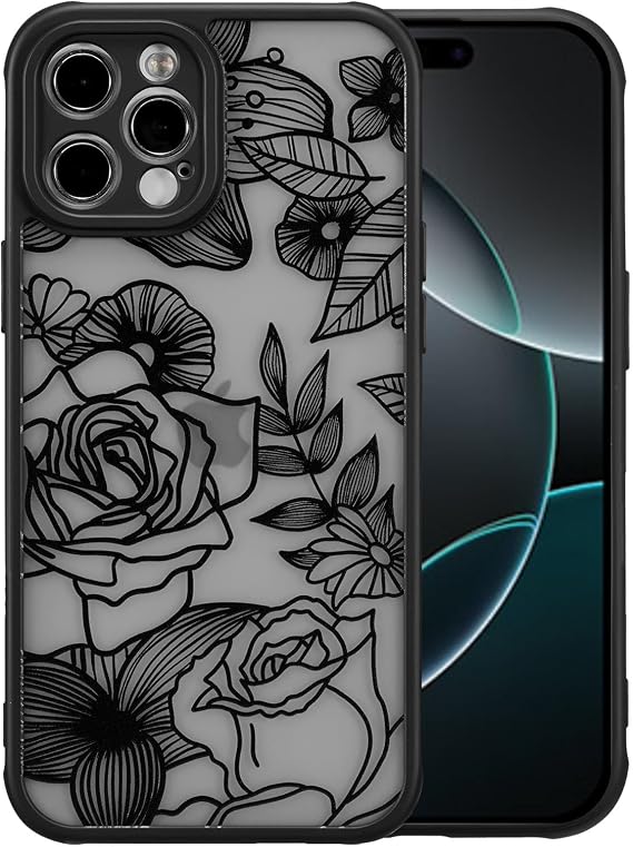 XIZYO Floral Case for iPhone 15 Pro Max Rose Flower, Black | Cute Aesthetic Pattern for Women, Full Camera Protection Shockproof Translucent Matte Anti-Yellowing TPU Protective Cover