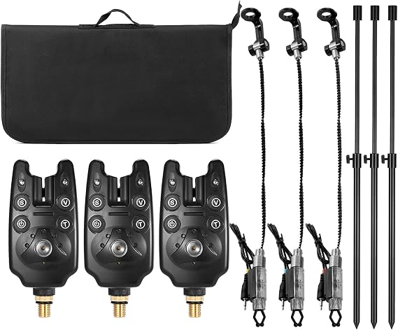 Lixada Fishing Bite Indicators Kit - 3 LED Alarm Alerts, Extending Aluminum Alloy Bankstick, Swinger with Padded Tool Bag