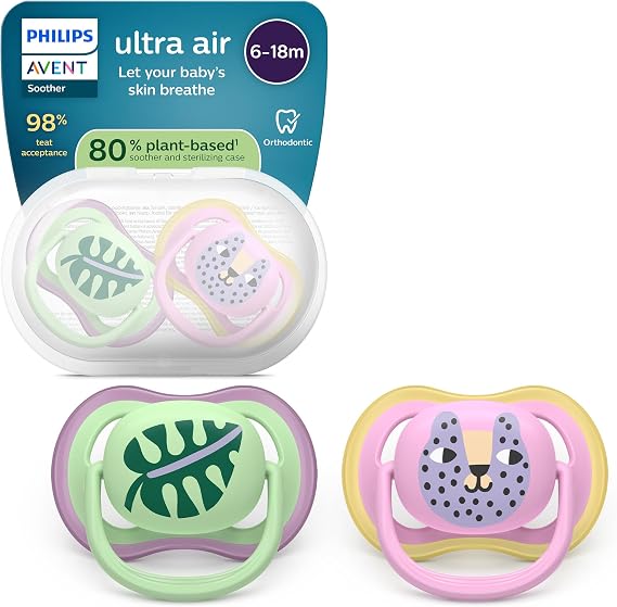 Philips Avent Ultra Air Soothers - Orthodontic Design, for Babies 6-18 Months, Soft Silicone Symmetrical Teat, BPA-Free, with Sterilizing Case, 2 Pack, SCF087/13