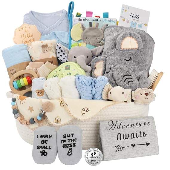 Baby Shower Gifts Basket for Boys, Newborn Essentials Must Haves,Gender Reveal Gifts, Newborn Essentials Must Haves, Premium All-in-One Gift Set for new Mom, Essentials with Keepsakes for First Visit