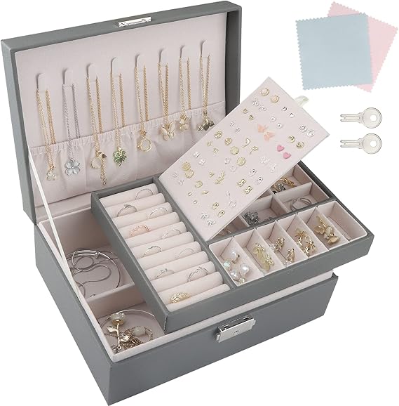 TEIVUL Jewellery Box Women's 2-Layer Jewellery Storage PU Leather Jewellery Box with Lock Suitable for Necklaces Rings Earrings Bracelets Jewellery Organiser for Women and Girls (Grey)