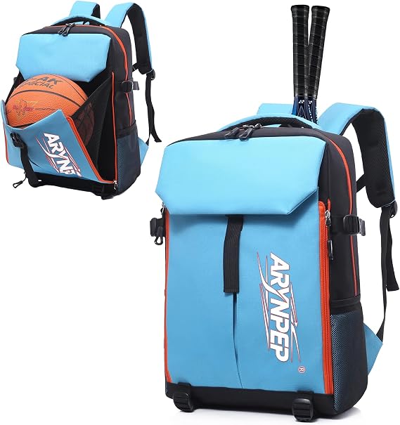 Sports Backpack with Basketball Compartment, Multi-Pocket Tennis Racket Backpack, Large Capacity Gym Backpack with Yoga Mat Strap & Luggage Sleeve for Soccer, Baseball, Travel