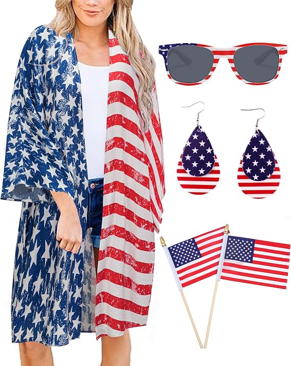 4th of July Outfits for Women American Flag Kimono Cover-Up Tops with Fourth of July Earrings Sunglasses Flag Accessories