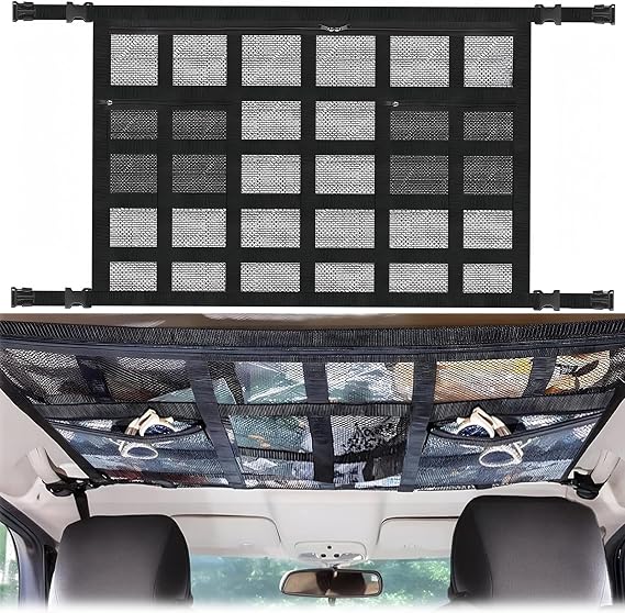 Car Ceiling Cargo Net Pocket with Two Zipper Pockets, Adjustable Double-Layer Polyester Mesh Bag, 90 x 65cm, Black, Universal Fit for Car, SUV, Van