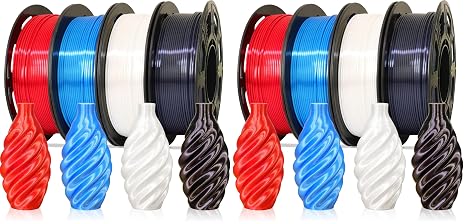 1.75mm Silk Shiny PLA 4 in 1 Basic Colors Bundle Pack: Silk Luster Black/Red/White/Blue, Each Spool 250g, 4 Spools Packed, Total 1Kg 3D Printing Filament Material with Extra 3D Print Tool by MIKA3D