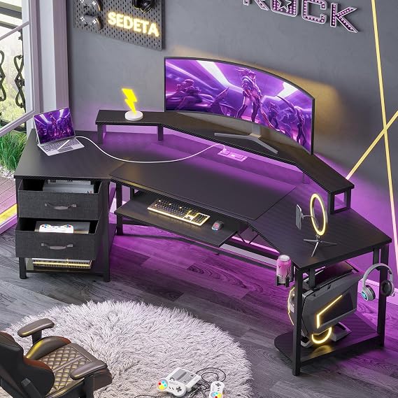 SEDETA 79" Gaming Desk with Fabric Drawers Storage, LED Light & Power Strip