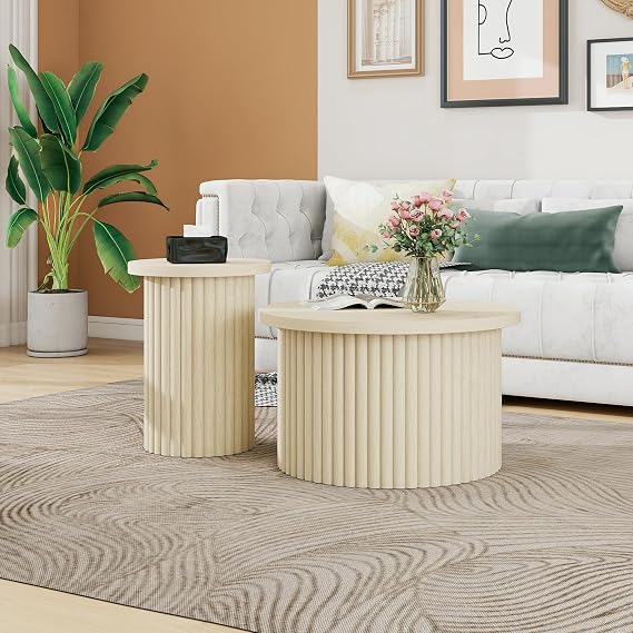 27.05" & 15.79" Round Coffee Table Set with Storage - 2-Piece Nesting Tables with Anti-Slip for Living Room, Meeting Room, Office(Beige)