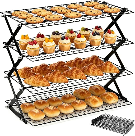 Cooling Racks - Upgraded 4 Tier Collapsible Bread Cooling Rack with Adjustable 3 Setting Design Foldable Stackable Wire Cookie Rack Large Cookie Cooling Racks for Cooking and Baking Gifts for Women