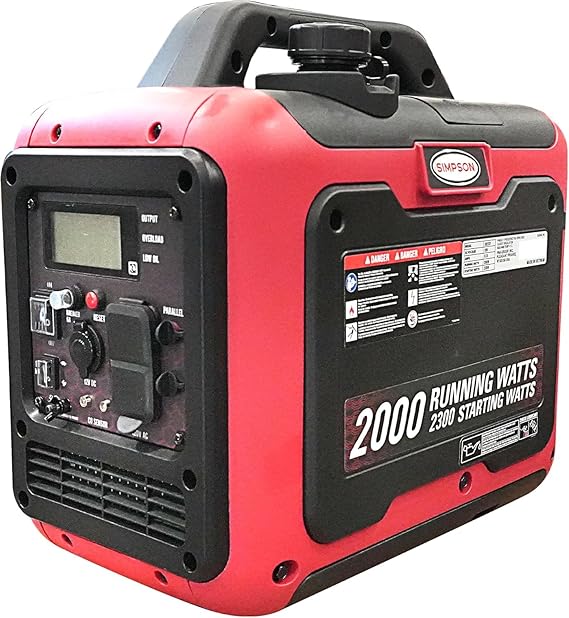 Simpson 2300 Watt Inverter Generator, Quiet CRX 79cc Engine, 10-Hr Runtime | Parallel Capable. 1x 120V 20A GFCI, 1x 12V Automotive Outlet, Co Sensor, Lightweight. 49-State Compliant. SIG2320