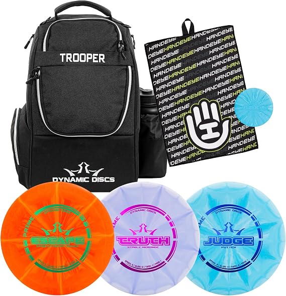 Dynamic Discs Trooper Disc Golf Backpack Starter Set | Prime Disc Golf Set of 3 Judge, Truth & Escape | Prime Burst Base Plastic | Ideal for Beginners & Recreational Players
