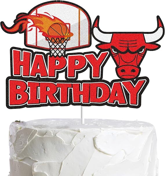 Bulls Happy Birthday Cake Topper Basketball Theme Party Supplies Decorations Red Glitter Basketball Party Supplies for Boys Men