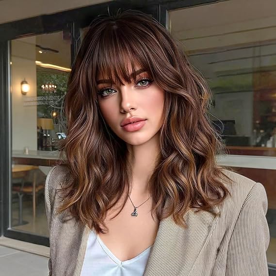 Lativ Brown Highlight Wigs for Women Wig with Bangs Layered Wavy Synthetic