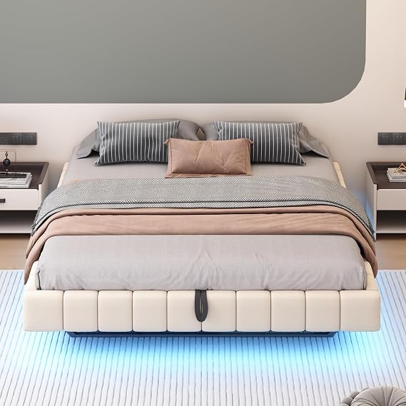 Beige Hydraulic Floating Bed Frame with Storage Headless Multifunctional Upholstered Bed Linen Fabric Queen Size 180x200 cm Modern Bedroom Furniture