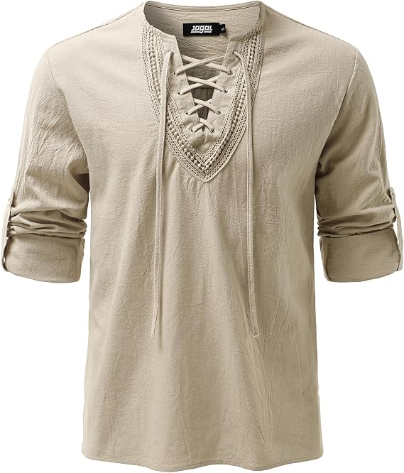 JOGAL Mens Renaissance Shirt Medieval Pirate Viking Halloween Costume | Pure Cotton, Lace Up, Long Sleeve, Retro Tunic, Ren Faire Knight Cosplay, Vintage Steampunk Top, Gothic Clothes