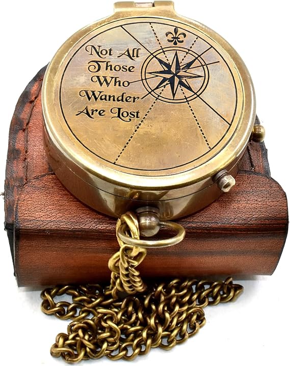 Not All Those Who Wander are Lost Engraved Vintage Pocket Compass, Antique Brass Nautical Compass with Leather Case, Travel Gift for Men & Women, Hiking Camping Navigation Tool, Graduation Gift