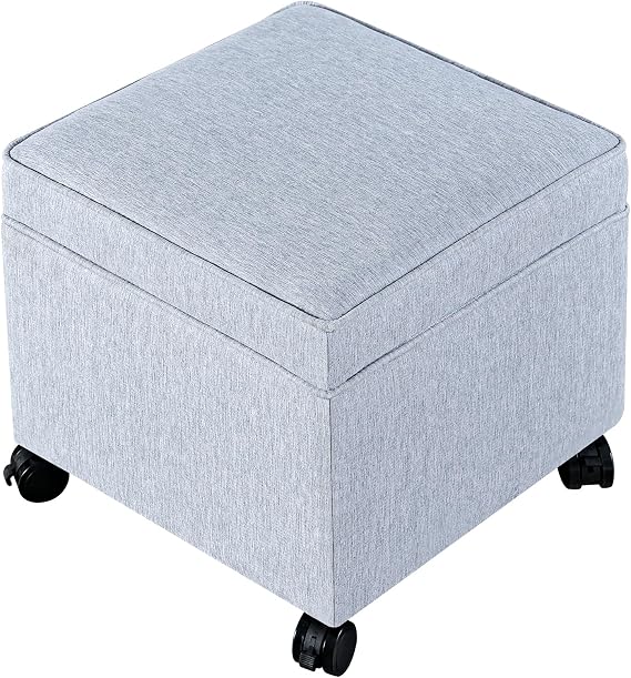 17" Square Storage Ottoman with Wheels, Upholstered Linen Movable Cube Footrest & Extra Seat with Flip Top for Living Room, Bedroom, Blue Grey