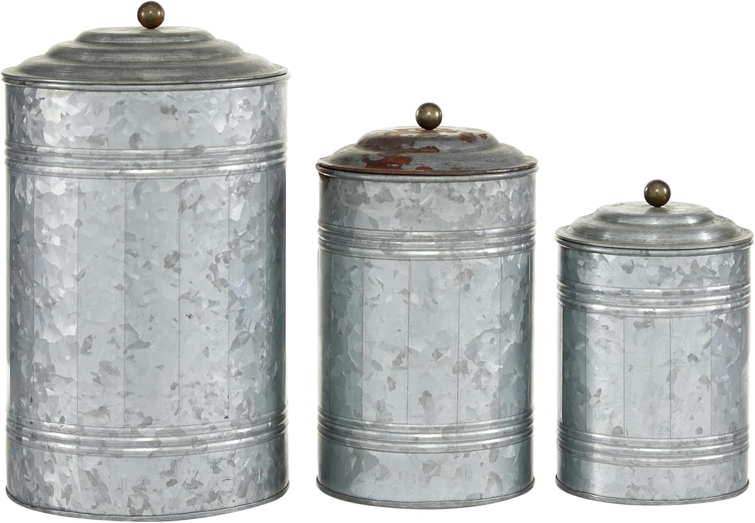 Deco 79 Metal Living Room Decorative Jars Galvanized Ribbed Decorative Container with Gold Ball Knobs, Set of 3 Jar with Lid 12, 9, 8H, Gray