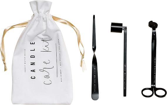 Sweet Water Decor Candle Care Kit | Matte Black Candle Accessory Set Includes Wick Trimmer, Wick Dipper, and Bell Snuffer Tools with Drawstring Bag for Candle Lovers (Matte Black)