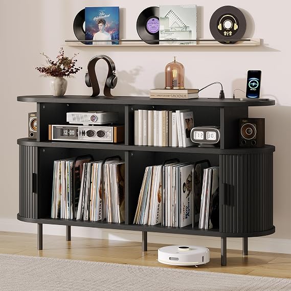 55" Large Record Player Stand with Charging Station, Sliding Doors, Black