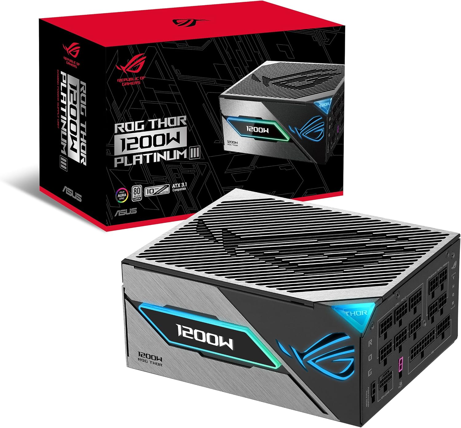 ASUS ROG Thor Platinum III 1200W Gaming Power Supply GaN-MOSFET, Aura Sync RGB, ATX 3.1, PCIe 5.0 Ready, Magnetic OLED Display, Turbo Mode, GPU first, 80 Platinum Certification