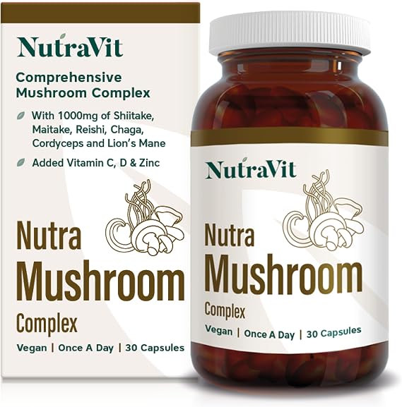 NutraMushroom - Comprehensive Mushroom Complex, with 6000mg of Shiitake, Maitake, Reishi, Chaga, Cordyceps and Lion’s Mane - with Added Vitamin C, D & Zinc - NutraVit, 30 Capsules