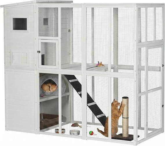 PawHut Outdoor Catio, Cat House Wooden Feral Cat Shelter, Cat Cage with Platforms, Waterproof Asphalt Roof, Ramps, 77" L, White