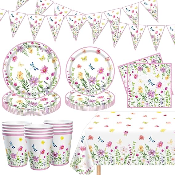 83 Pack Spring Flower Party Supplies Floral Paper Plates Banner, Tablecloth, Napkins Summer Wildflower Baby Shower Birthday Tableware Decorations for Spring Picnic Wedding Tea Party Serves 20