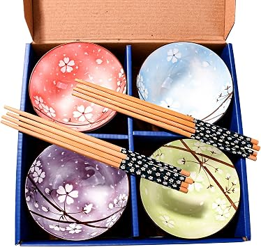 4-Piece Ceramic Rice Bowl Set with 4 Pairs Natural Wooden Chopsticks, Vibrant Floral Pattern Cereal Bowls in Blue Gift Box, Japanese Style Small Porcelain Bowl Set for Soup, Salad, Fruit