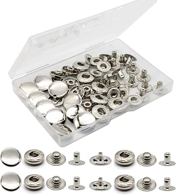 12 Sets Heavy Duty Leather Snap Fasteners Kit, 15mm Metal Snap Buttons Kit Press Studs Leather Rivets and Snaps for Clothing, Leather, Jeans, Jackets, Bracelets, Bags Silver