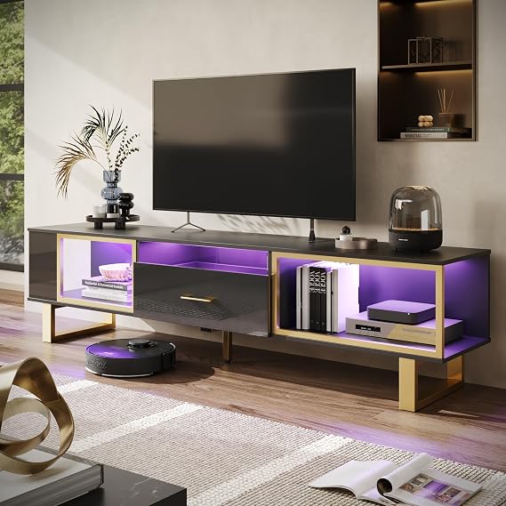 Bestier 70 inch TV Stand with LED Lights for 75 inch TV, LED Entertainment Center with Open Storage and Half-Glass Design Drawer, Modern High Gloss TV Console for Living Room Bedroom, Black and Gold