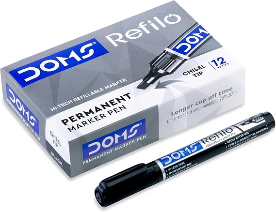 DOMS REFILO Permanent Marker Pen | Non -Toxic |HI-TECH REFILLABLE with JAPNESE Bullet TIP (Pack of 10) Black Ink