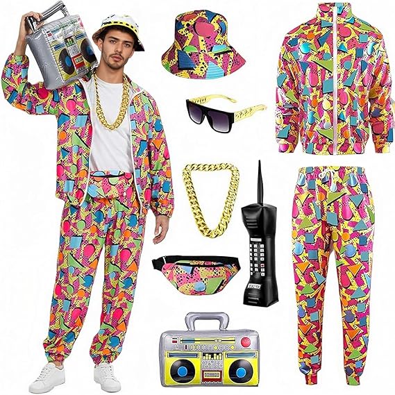 80s 90sOutfit for MenTracksuit Costume with Accessories for Party, Gym, or Daily Wear Workout Outfit for Men (Rot,M)