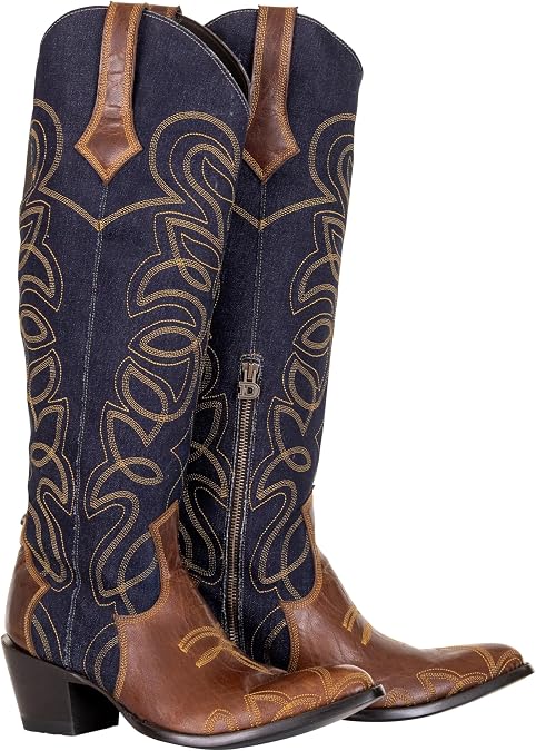 Old Gringo Double D Ranch Women's Denim Western Boots, 18-Inch Shaft, Navy Blue with Brown Leather Accents