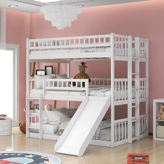 Triple Bunk Bed with Slide, Full Over Full Over Full Bunk Bed Convertible Triple Beds for Kids/Teens/Adults, White